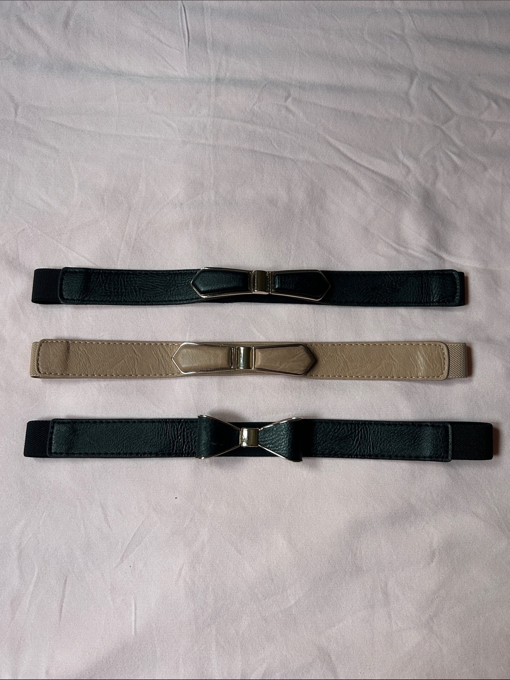 Set of 3 Stretch Bow Waist Belts - Black & Taupe